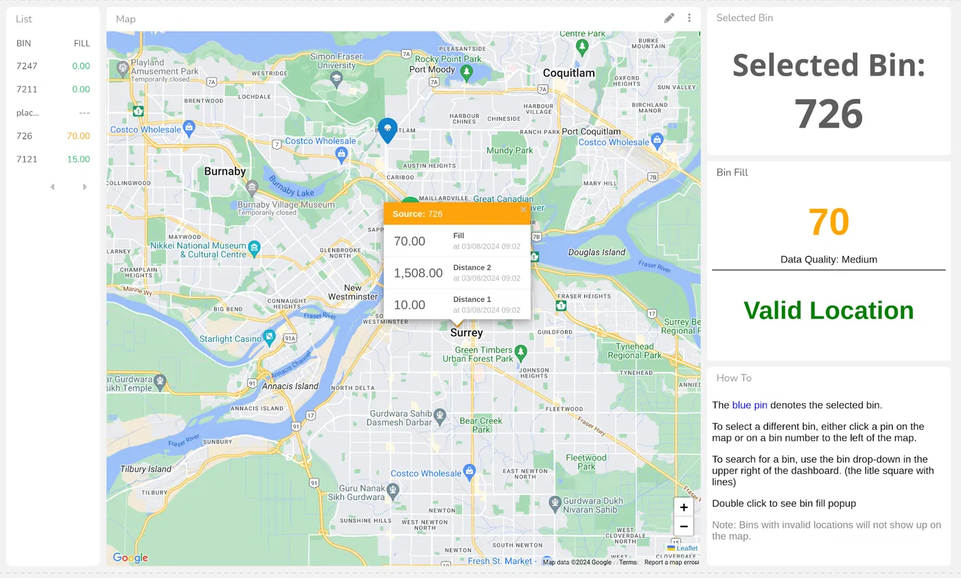iamFull dashboard map view showing bin locations and fill levels